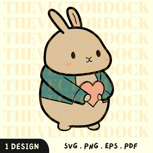 Lindo conejo sosteniendo corazón SVG diseño, lindo conejo PNG, Pascua SVG, conejo sosteniendo corazón Vector 1