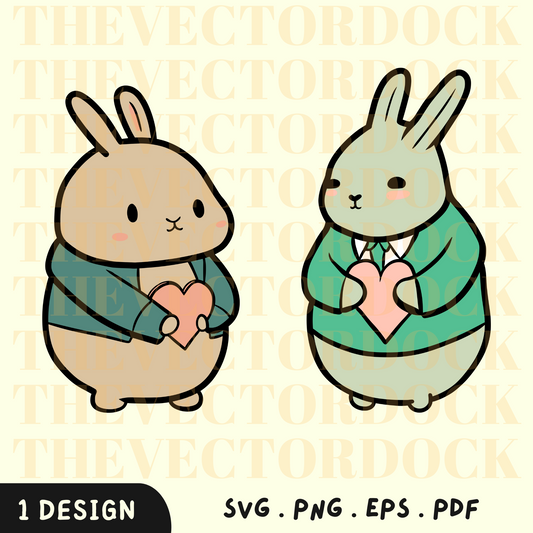 Mignons lapins tenant cœur SVG Design, Lapins mignons SVG, Pâques PNG, Lapins tenant le vecteur cardiaque
