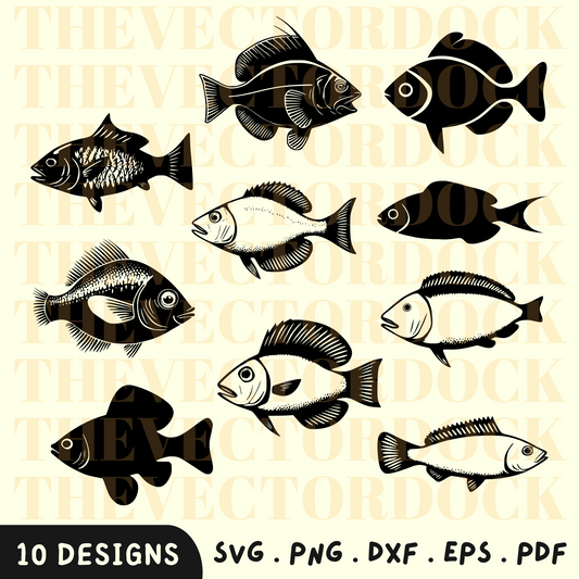 魚SVGバンドル、魚PNG、フィッシャーテーマSVG、魚ベクトルバンドル:10デザイン