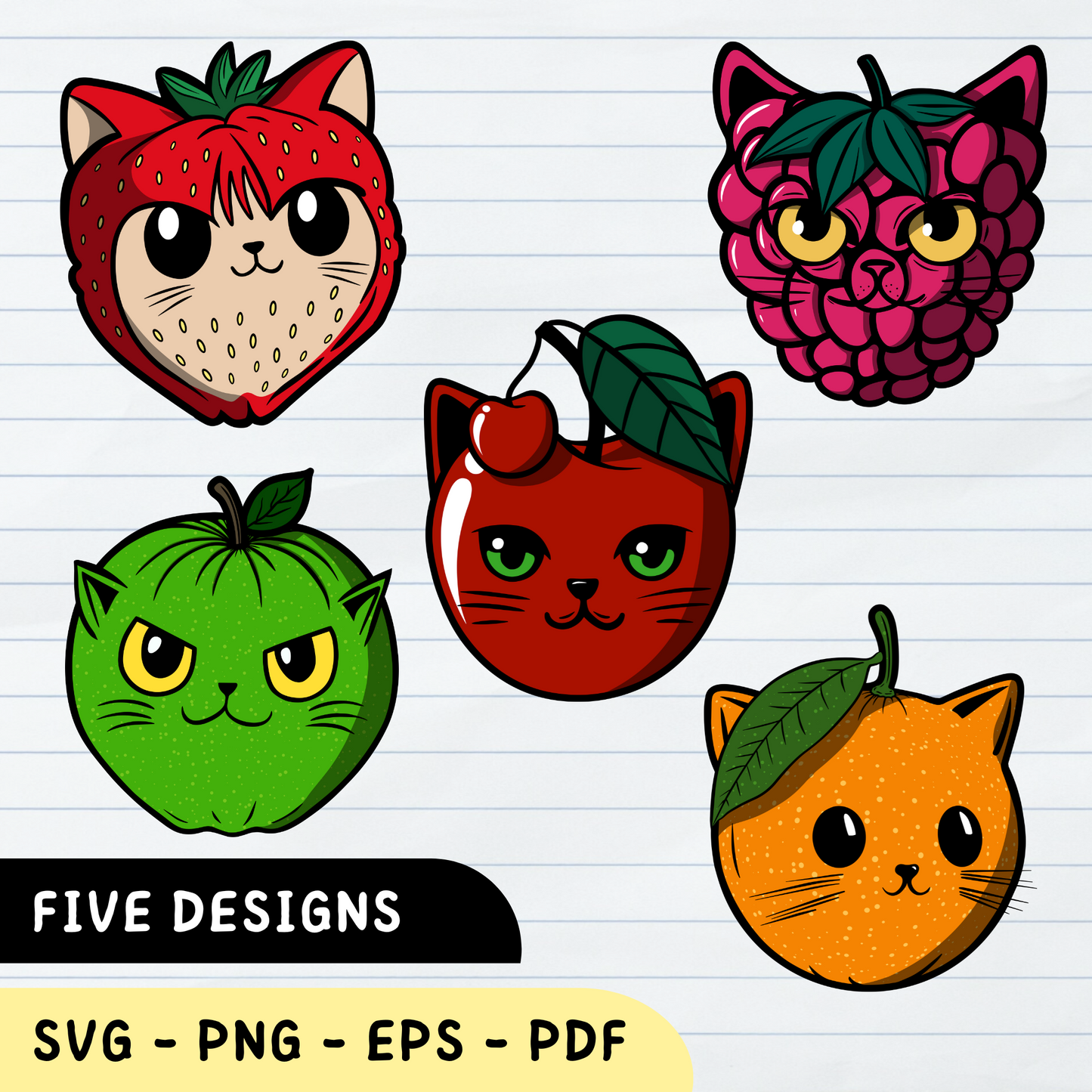 Fruit Cat Face SVG Bundle, Fruit Cat Face Bundle SVG, Fruit Cat Face Designs PNG, Fruit Cat Face Vector Bundle: 5 Designs